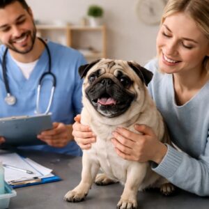 Regelmäßige Tierarztbesuche : Mops sitzt beim Tierarzt auf dem Behandlungstisch, während Tierarzt ihn untersucht und Halterin ihn hält.