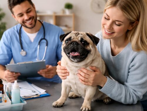 Regelmäßige Tierarztbesuche : Mops sitzt beim Tierarzt auf dem Behandlungstisch, während Tierarzt ihn untersucht und Halterin ihn hält.