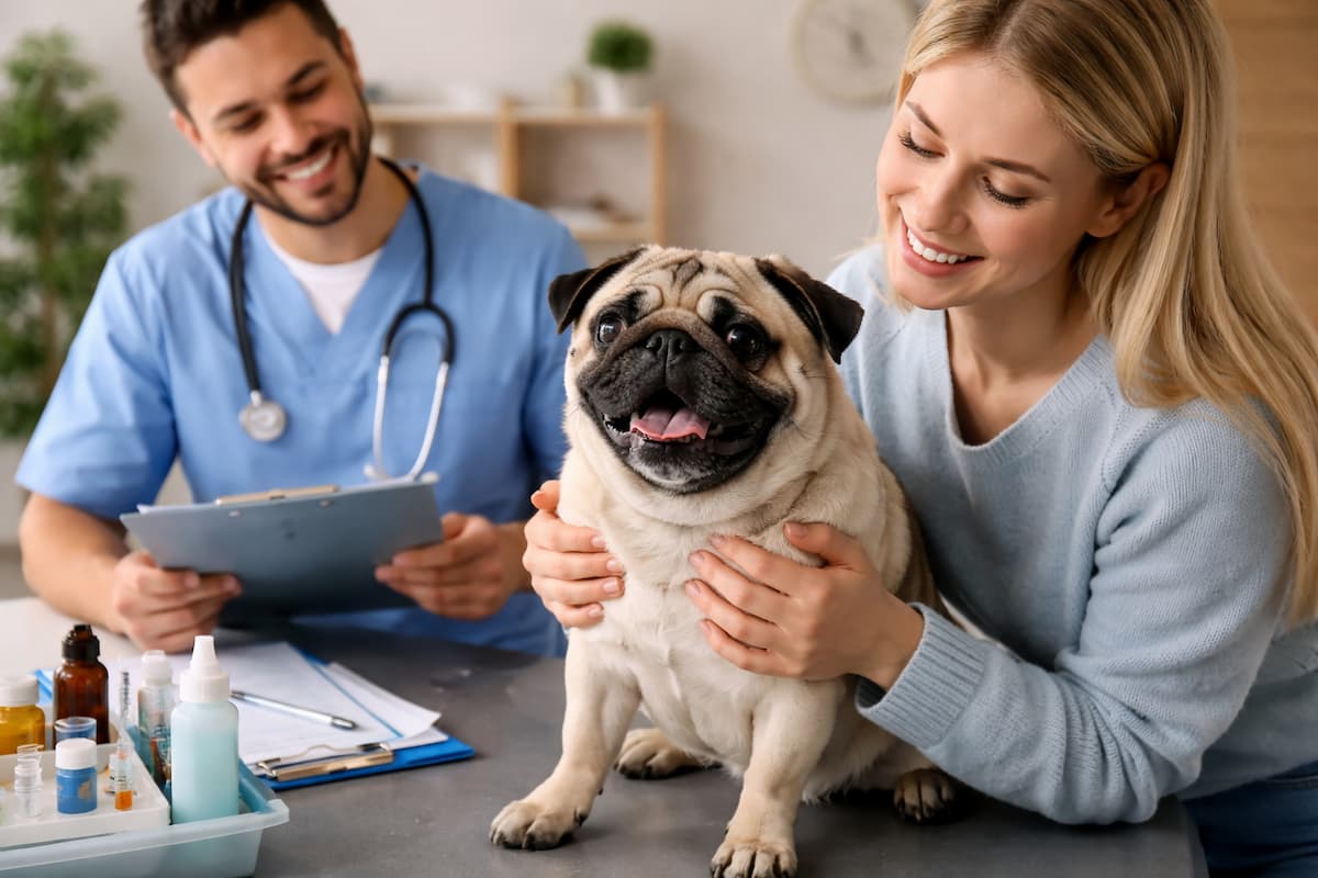Regelmäßige Tierarztbesuche : Mops sitzt beim Tierarzt auf dem Behandlungstisch, während Tierarzt ihn untersucht und Halterin ihn hält.