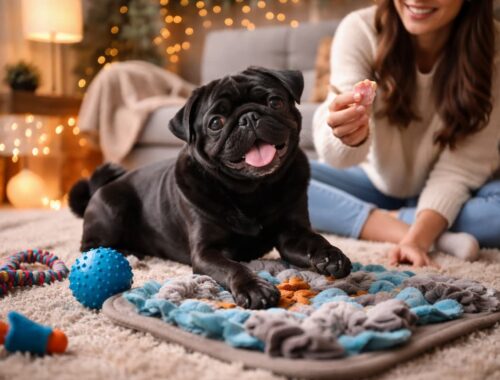 Schwarzer Mops spielt drinnen im Wohnzimmer mit Schnüffelteppich und Spielzeug – Beschäftigung im Winter mit Leckerli und Training in gemütlicher Atmosphäre.