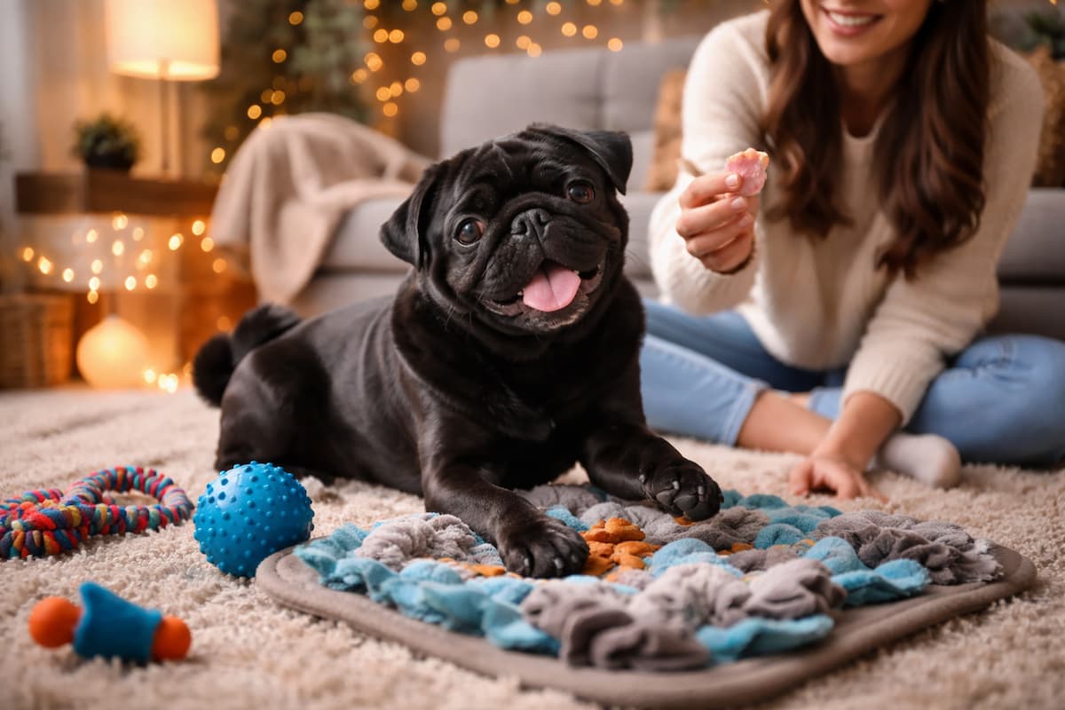 Schwarzer Mops spielt drinnen im Wohnzimmer mit Schnüffelteppich und Spielzeug – Beschäftigung im Winter mit Leckerli und Training in gemütlicher Atmosphäre.