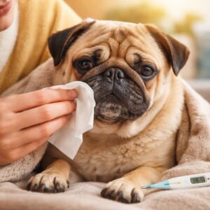 Mops erkältet? Krank wirkender Mops liegt eingekuschelt auf einer Decke, während eine Person seine Nase vorsichtig mit einem Tuch abwischt; Thermometer im Vordergrund.