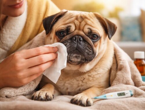 Mops erkältet? Krank wirkender Mops liegt eingekuschelt auf einer Decke, während eine Person seine Nase vorsichtig mit einem Tuch abwischt; Thermometer im Vordergrund.