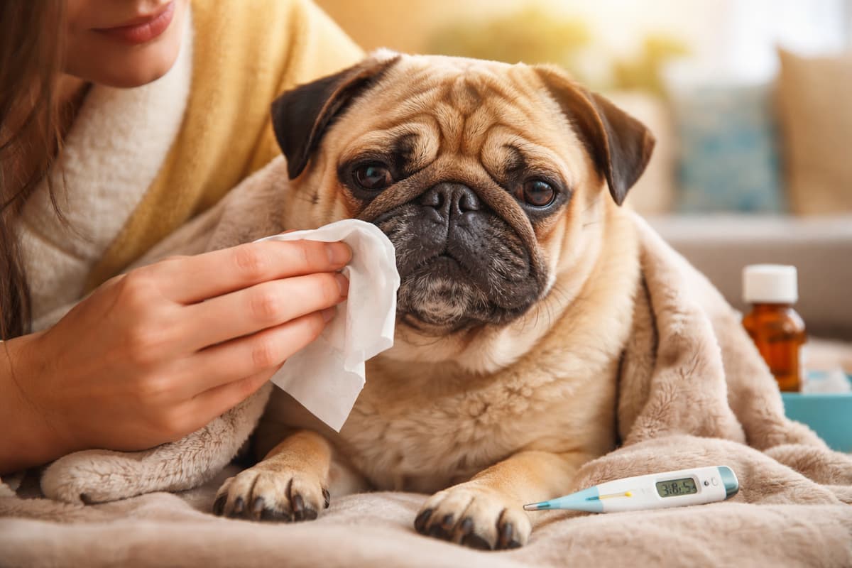 Mops erkältet? Krank wirkender Mops liegt eingekuschelt auf einer Decke, während eine Person seine Nase vorsichtig mit einem Tuch abwischt; Thermometer im Vordergrund.