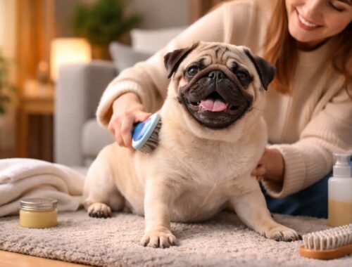 Warum wird das Mopsfell im Winter so stumpf – trotz Fellpflege im Winter? 8 Fellpflege im Winter: Frau bürstet einen glücklichen Mops im warmen Wohnzimmer, Pflegebürste und Pfotenbalsam liegen auf dem Teppich.