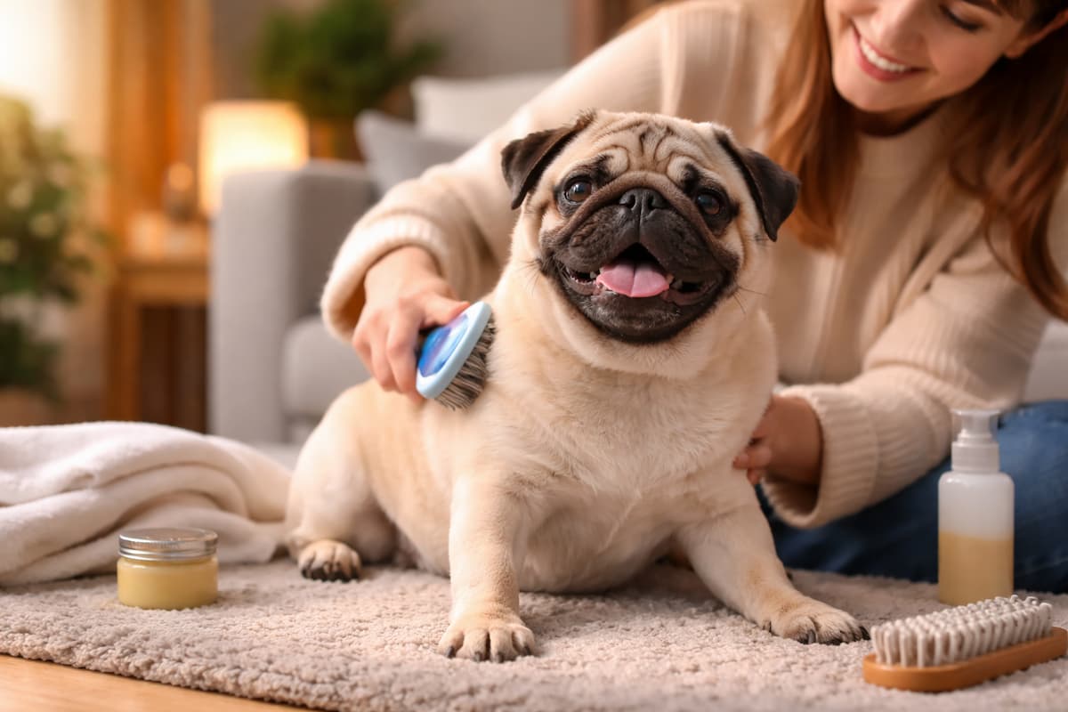 Fellpflege im Winter: Frau bürstet einen glücklichen Mops im warmen Wohnzimmer, Pflegebürste und Pfotenbalsam liegen auf dem Teppich.