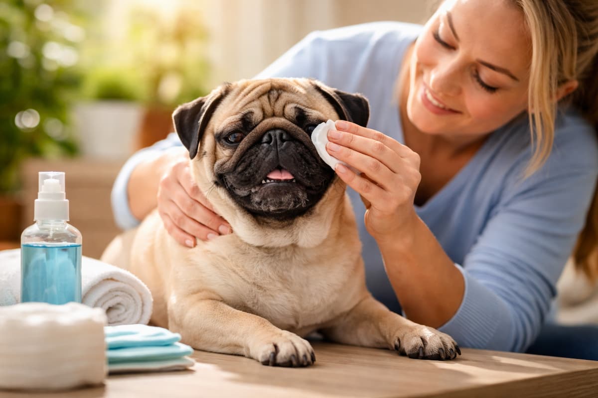 Frau reinigt sanft die Nasenfalte eines Mopses mit Wattepad – Mops-Falten reinigen ohne Stress und Reizungen.