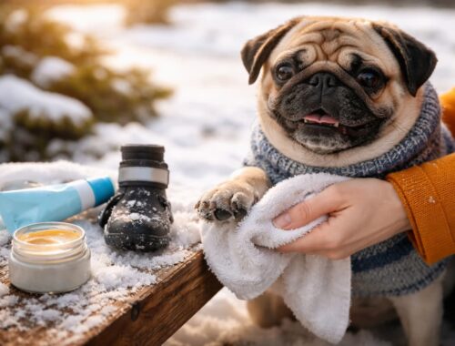 Warum humpelt dein Mops im Winter – fehlt die Mops Pfotenpflege? 10 Mops Pfotenpflege im Winter: Nahaufnahme eines Mops, dessen Pfote nach dem Spaziergang im Schnee mit einem Handtuch gereinigt wird; Pfotenbalsam und Hundeschuh liegen daneben.