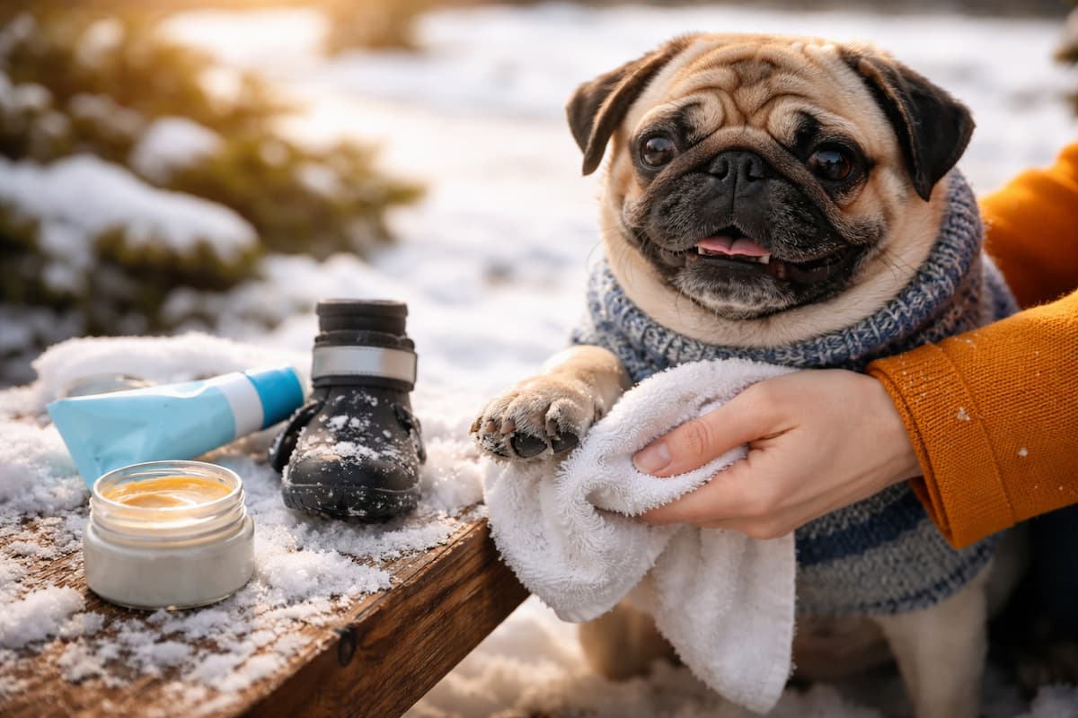 Mops Pfotenpflege im Winter: Nahaufnahme eines Mops, dessen Pfote nach dem Spaziergang im Schnee mit einem Handtuch gereinigt wird; Pfotenbalsam und Hundeschuh liegen daneben.