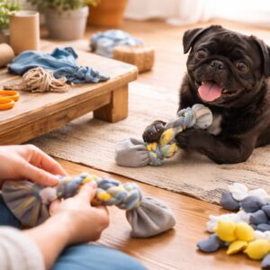 Schwarzgrauer Mops spielt im Wohnzimmer mit selbstgemachtem Spielzeug aus Socken und Seilen – Mops Spielzeug basteln mit einfachen Materialien zuhause