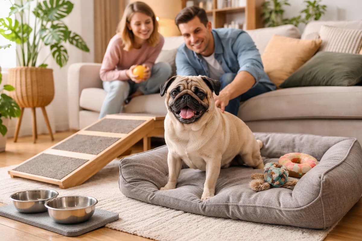 Mops-freundliche Wohnung mit gemütlichem Hundebett, Rampe zum Sofa und rutschfesten Näpfen in einem hellen, modern eingerichteten Wohnzimmer mit Mops.