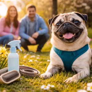 Fröhlicher Mops im Frühling auf einer Blumenwiese mit Pflegeutensilien im Vordergrund, während Halter im Hintergrund sitzen – Vorbereitung und Pflege für Mops im Frühling im Februar.
