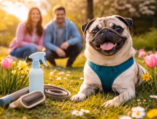 Fröhlicher Mops im Frühling auf einer Blumenwiese mit Pflegeutensilien im Vordergrund, während Halter im Hintergrund sitzen – Vorbereitung und Pflege für Mops im Frühling im Februar.