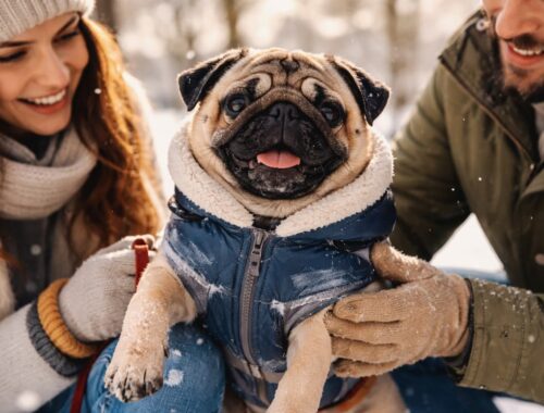 Mops im Winter mit blauem Mantel beim Spaziergang im Schnee, von zwei Personen warm gehalten, mit Schneeflocken im Hintergrund