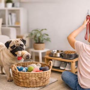 Ordnung mit Mops im Wohnzimmer: Hund bringt Spielzeug in den Korb, während Halterin Leine ordentlich aufhängt