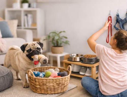 Ordnung mit Mops im Wohnzimmer: Hund bringt Spielzeug in den Korb, während Halterin Leine ordentlich aufhängt
