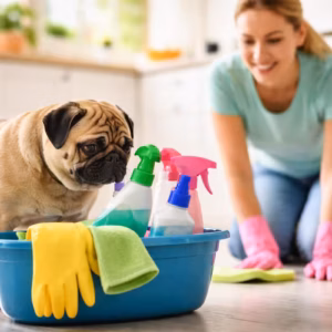 Mops steht neben Putzeimer mit Reinigungsmitteln in heller Küche – Alltagsszene zu Reinigungsmittel Gefahren im Mops-Haushalt