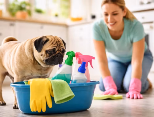 Mops steht neben Putzeimer mit Reinigungsmitteln in heller Küche – Alltagsszene zu Reinigungsmittel Gefahren im Mops-Haushalt
