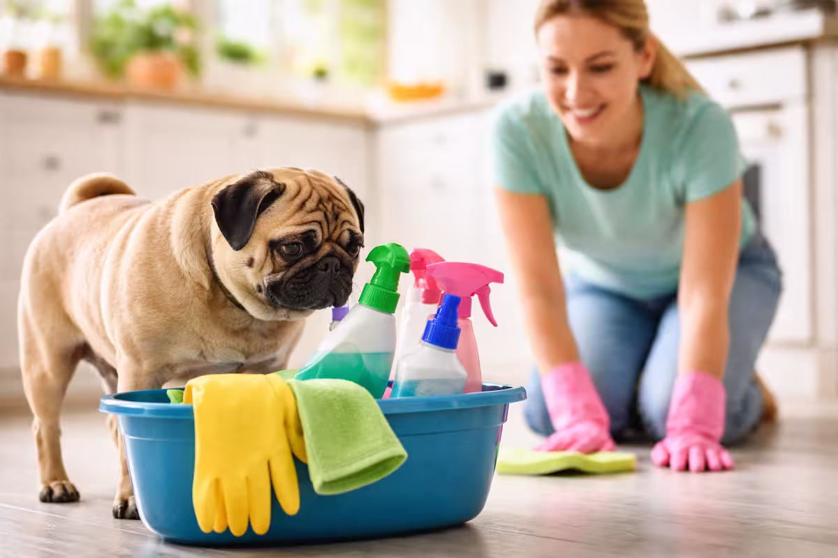 Mops steht neben Putzeimer mit Reinigungsmitteln in heller Küche – Alltagsszene zu Reinigungsmittel Gefahren im Mops-Haushalt