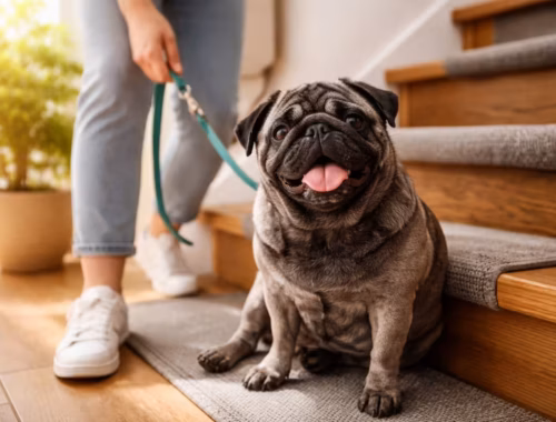 Grauschwarzer Mops sitzt vor einer Treppe und wird von einer Person an der Leine gehalten – Beispiel für Treppen Sicherheit im Alltag mit Hund