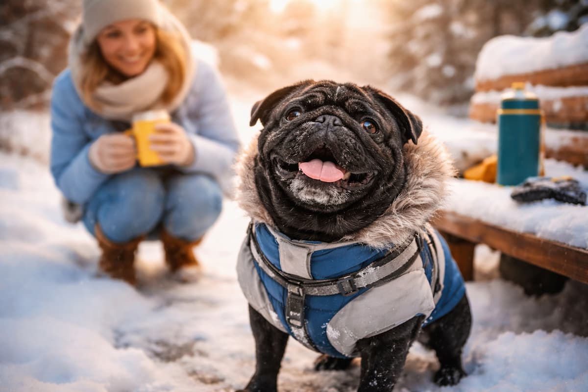 Schwarz-grauer Mops im warmen Wintermantel im Schnee – Winter Reset für entspannte Spaziergänge im Winter-Alltag