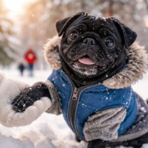 Schwarzer Mops im blauen Wintermantel im Schnee, Pfote in einer behandschuhten Hand – Winter Tipps für deinen Mops