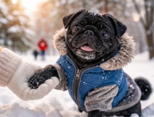 Welche Winter Tipps retten deinen Mops vor Salz, Kälte und Schmerzen? 8 Schwarzer Mops im blauen Wintermantel im Schnee, Pfote in einer behandschuhten Hand – Winter Tipps für deinen Mops