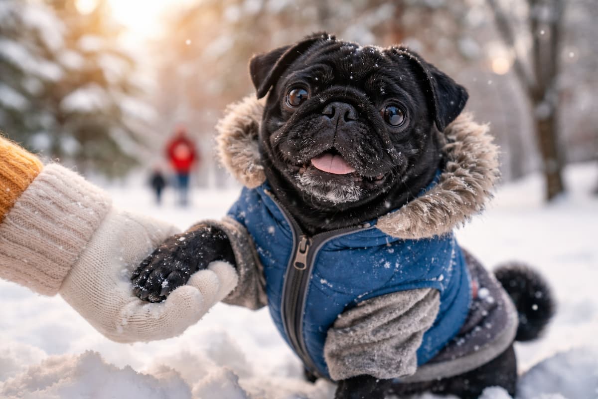 Schwarzer Mops im blauen Wintermantel im Schnee, Pfote in einer behandschuhten Hand – Winter Tipps für deinen Mops