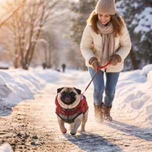 Winterspaziergang mit Mops: Frau führt einen Mops im roten Wintermantel über einen verschneiten Weg bei warmem Winterlicht.