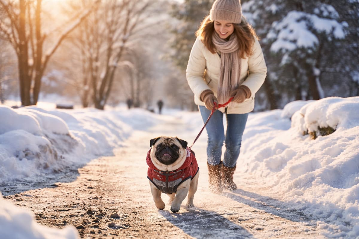 Winterspaziergang mit Mops: Frau führt einen Mops im roten Wintermantel über einen verschneiten Weg bei warmem Winterlicht.