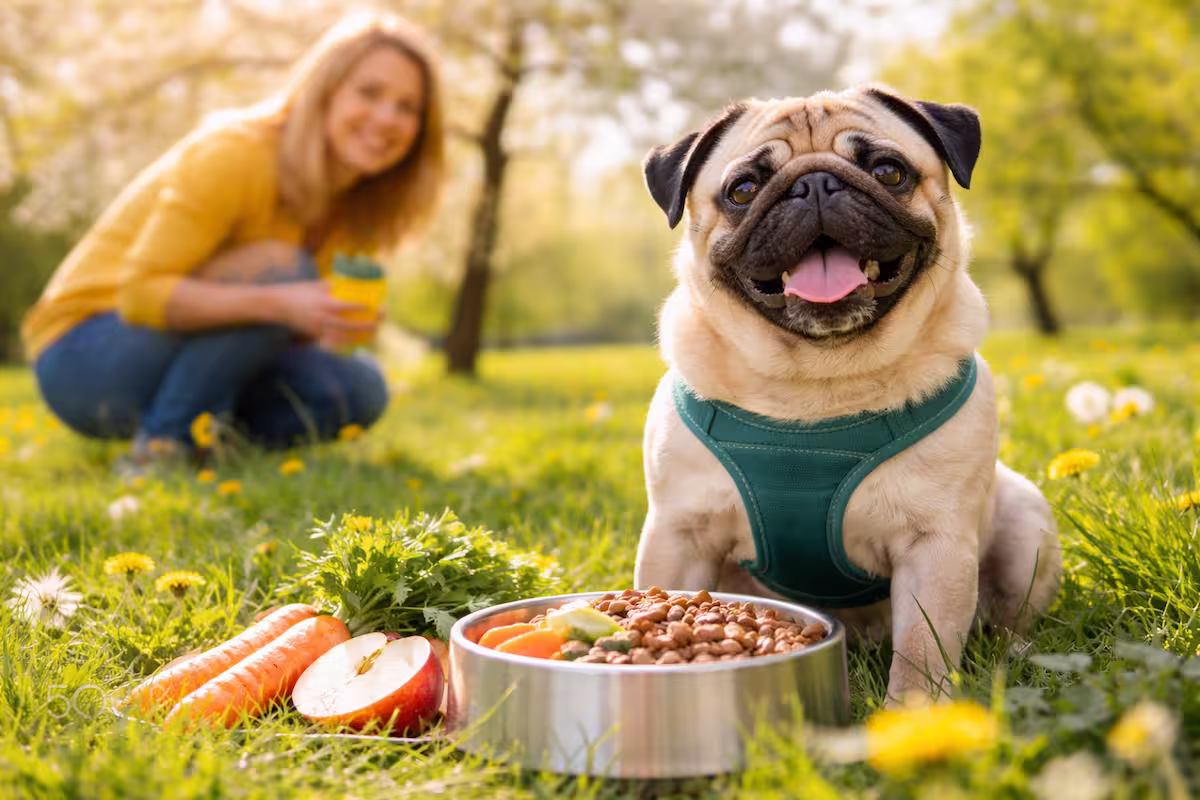 Mops sitzt im Frühlingspark vor seinem Futternapf mit Gemüse und Trockenfutter – passende Ernährung im Frühling für aktive Hunde