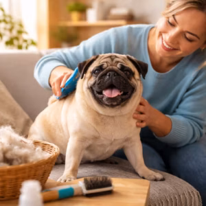 Blonde Frau bürstet lächelnd ihren Mops auf dem Sofa während des Fellwechsels beim Mops, mit Bürste und gesammelten Haaren im Wohnzimmer in warmer Lichtstimmung