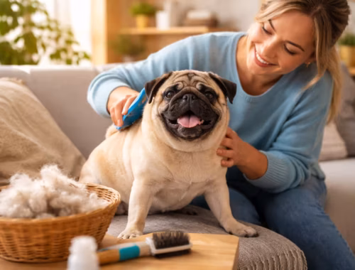 Blonde Frau bürstet lächelnd ihren Mops auf dem Sofa während des Fellwechsels beim Mops, mit Bürste und gesammelten Haaren im Wohnzimmer in warmer Lichtstimmung