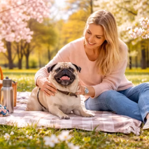 Frühling mit Mops: Eine Frau sitzt im blühenden Park auf einer Decke und verbringt entspannte Zeit mit ihrem Mops bei mildem Frühlingswetter.