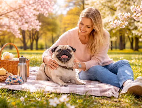 Frühling mit Mops: Eine Frau sitzt im blühenden Park auf einer Decke und verbringt entspannte Zeit mit ihrem Mops bei mildem Frühlingswetter.