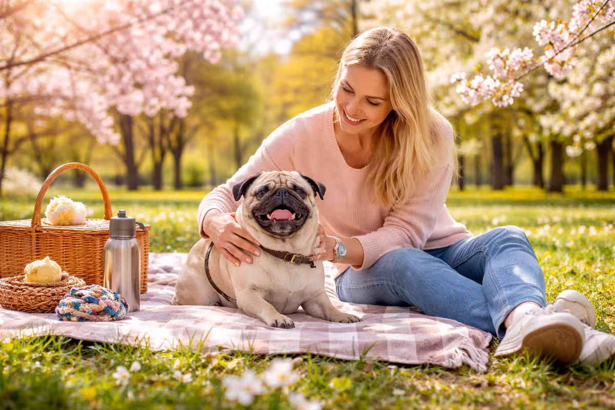 Frühling mit Mops: Eine Frau sitzt im blühenden Park auf einer Decke und verbringt entspannte Zeit mit ihrem Mops bei mildem Frühlingswetter.