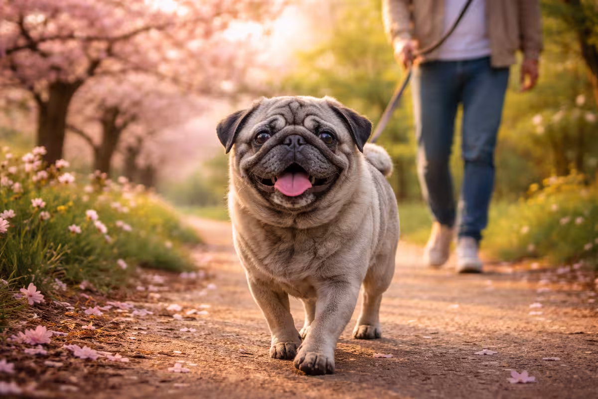 Grauer Mops läuft auf einem blütenbestreuten Frühlingsweg im warmen Abendlicht – natürliche Szene für ein entspanntes Frühlingsshooting mit Hund
