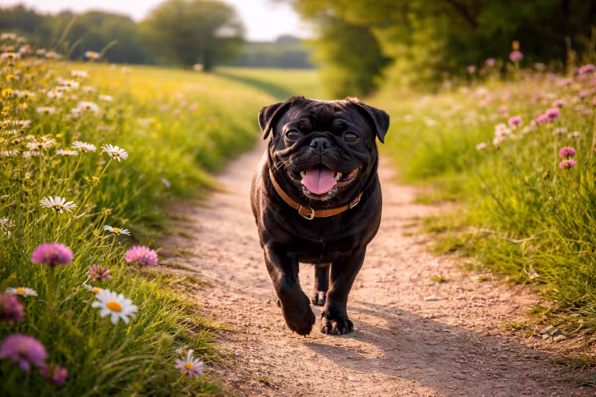 Schwarzer Mops läuft entspannt auf einem Feldweg zwischen frischem Frühlingsgrün und Blühpflanzen beim Frühlingsspaziergang mit Mops