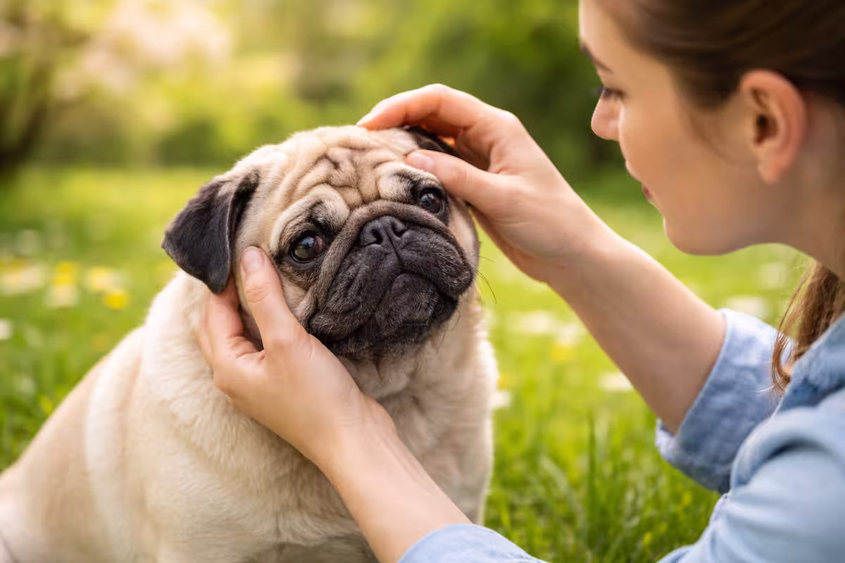 Halter untersucht vorsichtig die Gesichtsfalten eines Mops