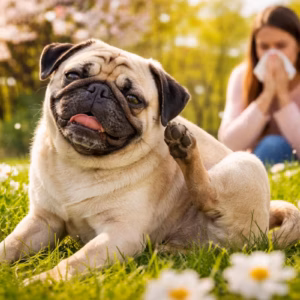Mops mit erhobenem Ohr kratzt sich im Frühlingsgarten, während im Hintergrund eine Frau niest – typisches Motiv für Mops-Allergien im Frühling und erste Symptome