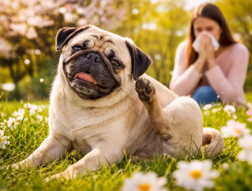 Mops mit erhobenem Ohr kratzt sich im Frühlingsgarten, während im Hintergrund eine Frau niest – typisches Motiv für Mops-Allergien im Frühling und erste Symptome