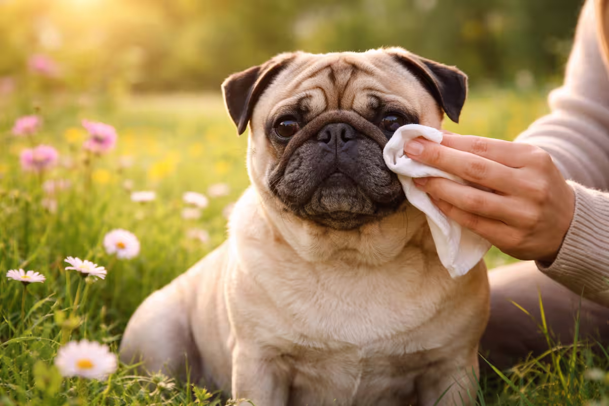 Mops sitzt auf einer blühenden Frühlingswiese, während eine Hand sanft die Nasenfalte reinigt – Beispiel für Mops-Faltenpflege im Frühling