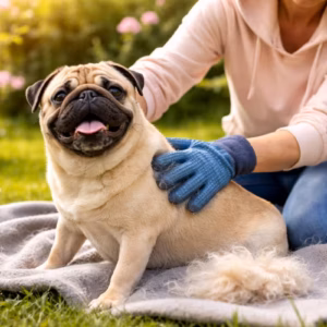 Mops-Fellwechsel im Frühling: glücklicher Mops wird im Garten mit Bürste gepflegt, lose Unterwolle liegt auf einer Decke