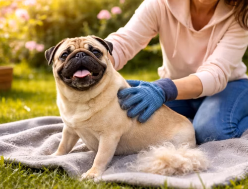 Mops-Fellwechsel im Frühling: glücklicher Mops wird im Garten mit Bürste gepflegt, lose Unterwolle liegt auf einer Decke