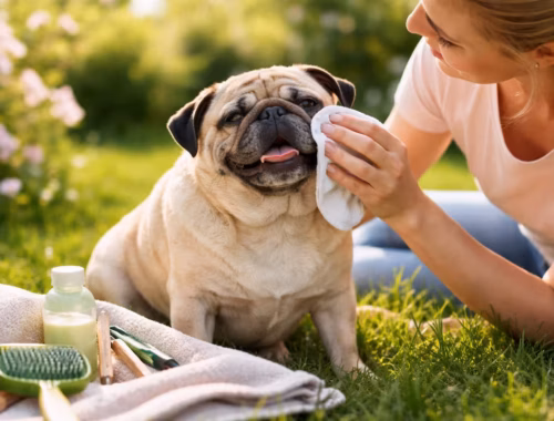 Mops Frühjahrspflege: Wie gelingt ein stressfreier Start in den Frühling? 9 Mops Frühjahrspflege im Garten: Halterin reinigt sanft die Gesichtsfalten eines entspannten Mops im warmen Frühlingslicht