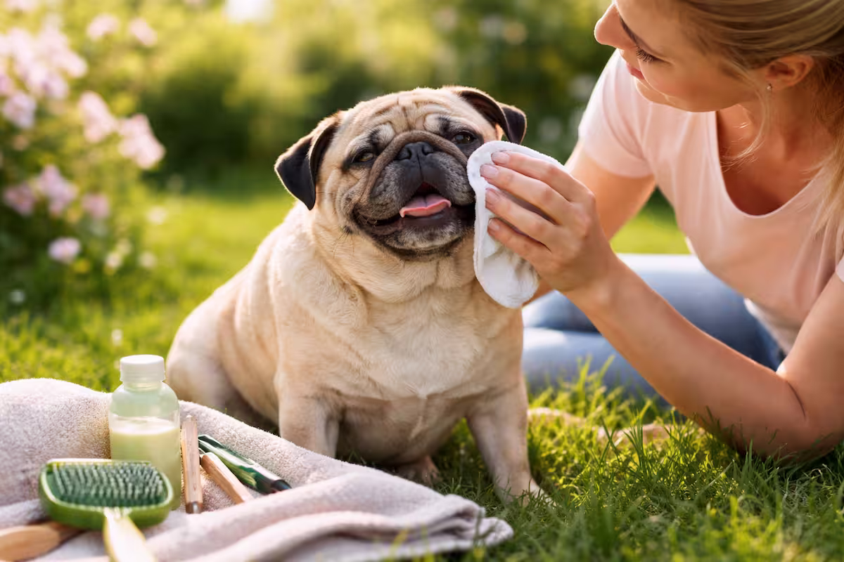 Mops Frühjahrspflege im Garten: Halterin reinigt sanft die Gesichtsfalten eines entspannten Mops im warmen Frühlingslicht