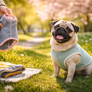 Mops im leichten Frühlingsoutfit sitzt auf einer blühenden Wiese im Park, während eine Person daneben einen Hundepullover bereithält – Entscheidungshilfe zum Thema Mops Frühlingsoutfit