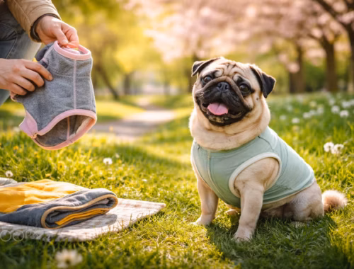 Mops im leichten Frühlingsoutfit sitzt auf einer blühenden Wiese im Park, während eine Person daneben einen Hundepullover bereithält – Entscheidungshilfe zum Thema Mops Frühlingsoutfit