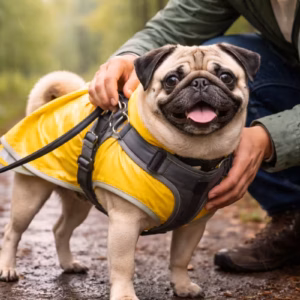 Mops Regenmantel sitzt korrekt mit Y-Geschirr an einem Mops auf nassem Waldweg, während die Halterin die Passform überprüft