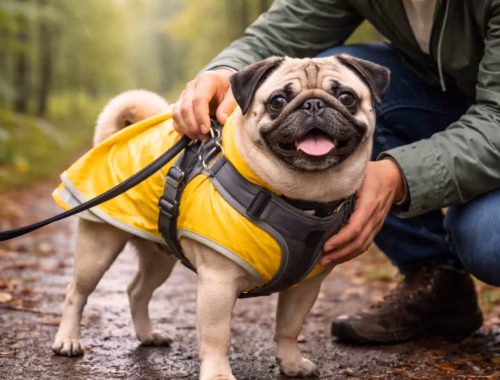 Wie sollte ein Mops Regenmantel mit Geschirr sitzen? 27 Mops Regenmantel sitzt korrekt mit Y-Geschirr an einem Mops auf nassem Waldweg, während die Halterin die Passform überprüft